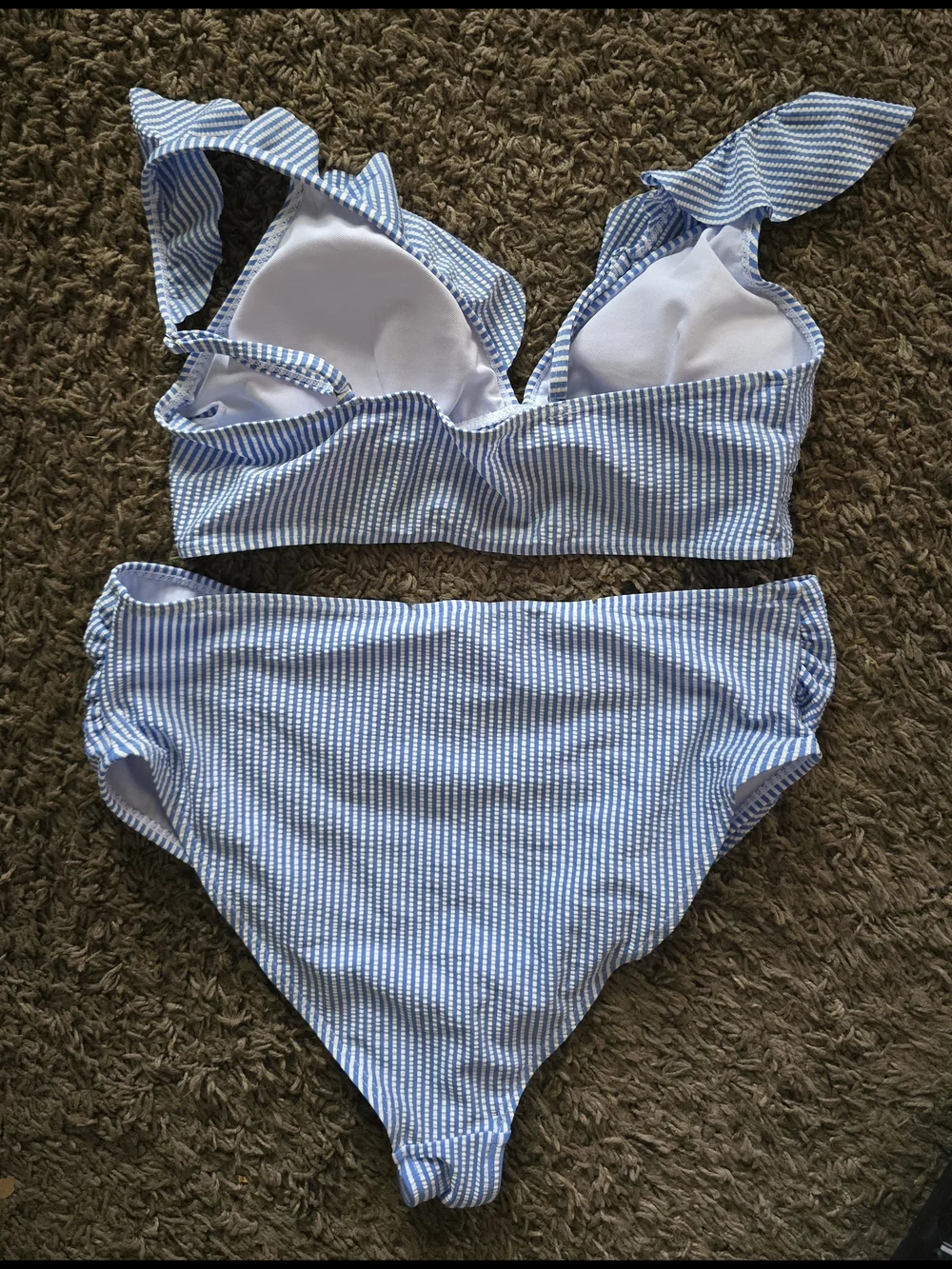 Blue Stripe Ruffle V-Neck High-Waist Women's Bikini. Size Large. NWT.